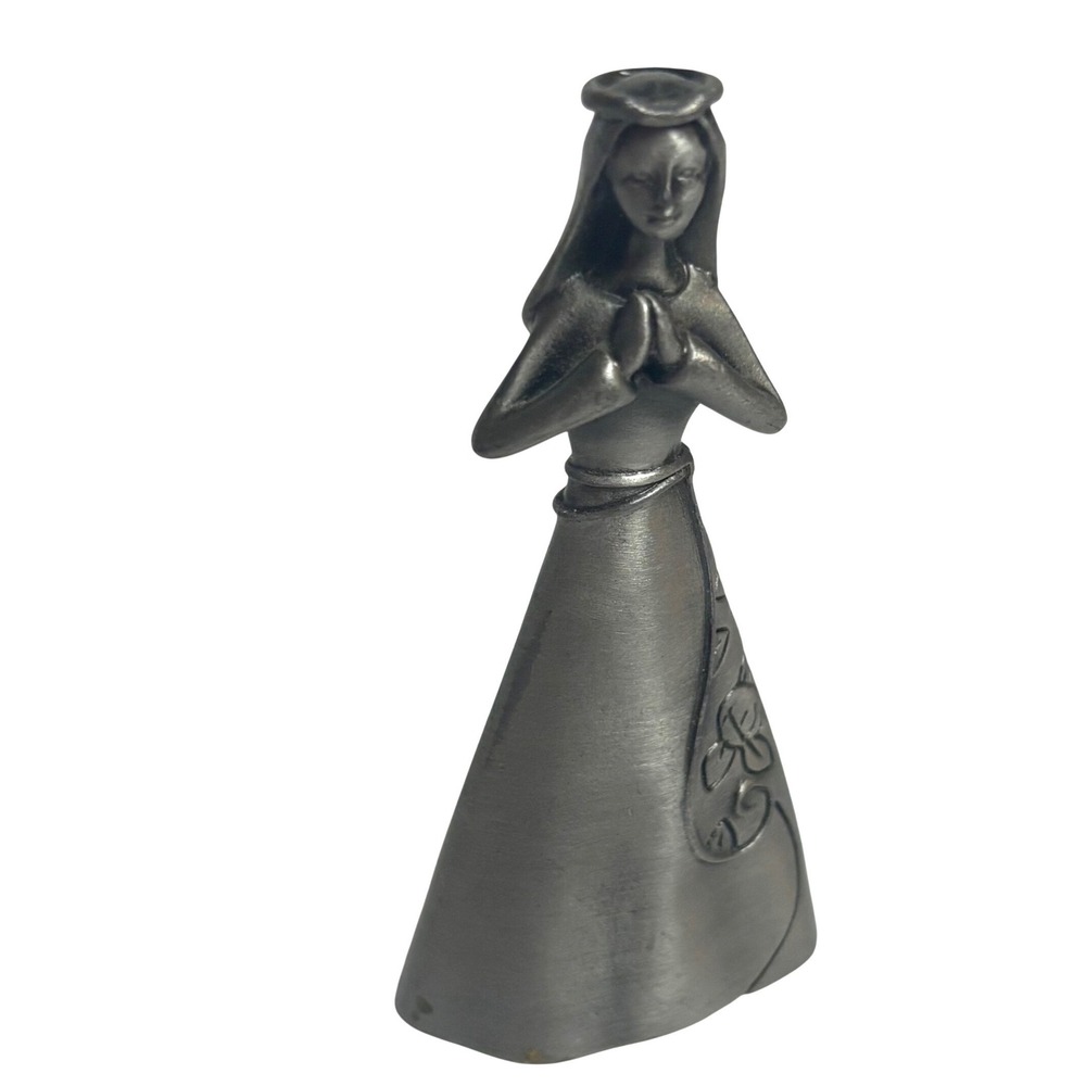 Vintage Pewter Praying Angel Figurine Floral Relief Metal Religious Statue 3.5in